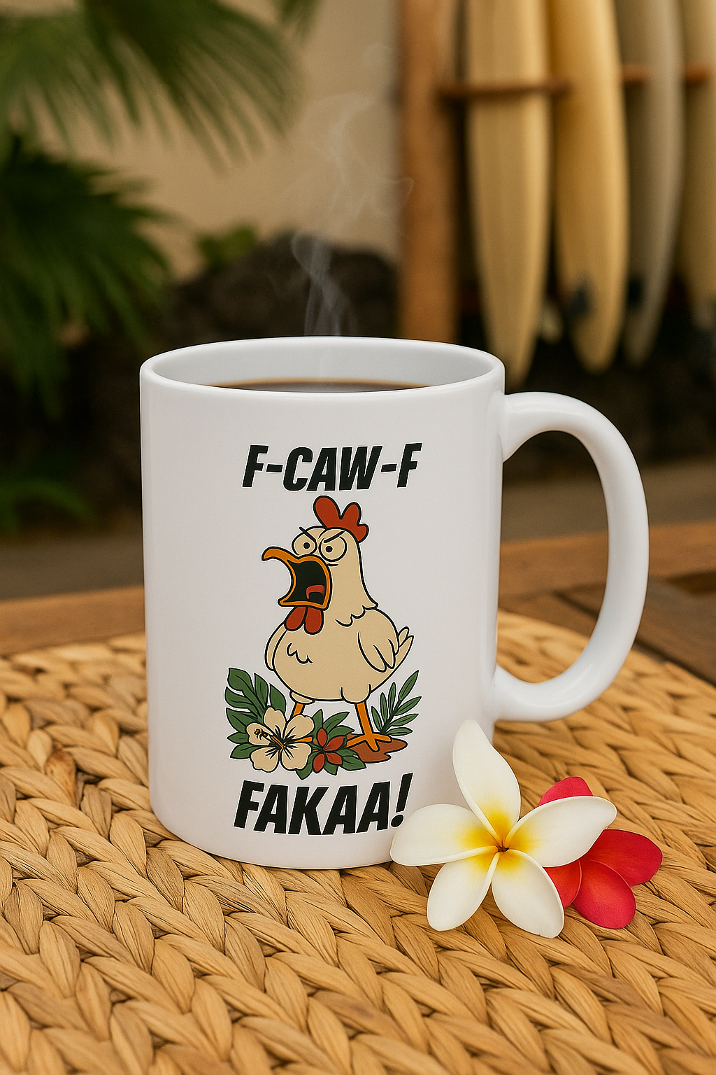 “F-Caw-F FAKAA!” Mug 11oz – Wild Island Chicken Design by Hard Palms, Funny Coffee Cup, Island Humor Gift