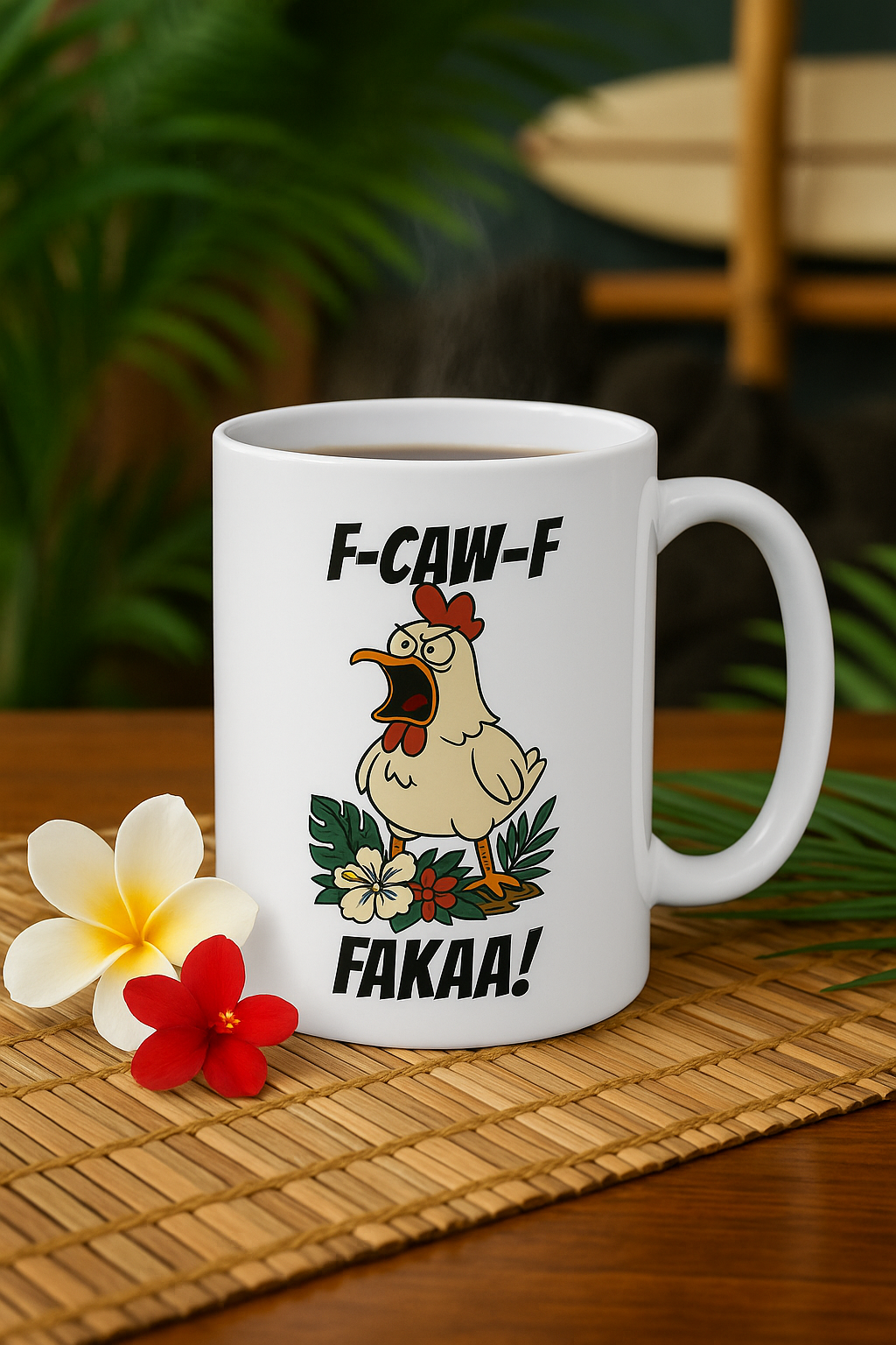 “F-Caw-F FAKAA!” Mug 11oz – Wild Island Chicken Design by Hard Palms, Funny Coffee Cup, Island Humor Gift