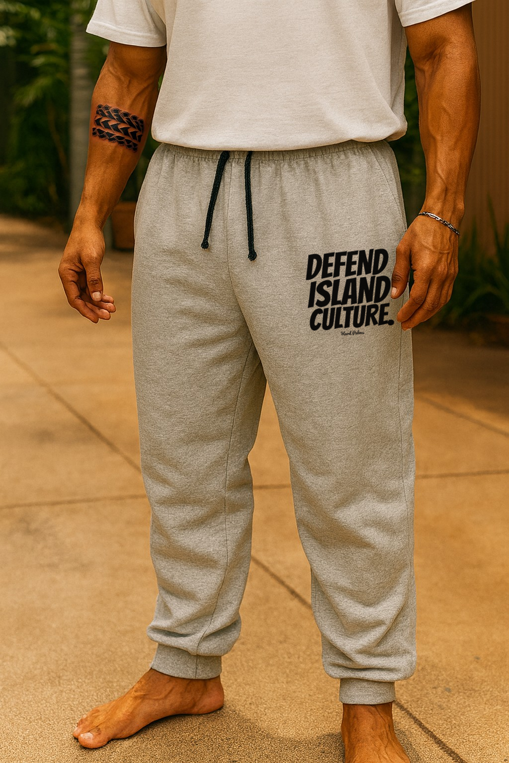 “Defend Island Culture” Embroidered Joggers – Lifestyle Streetwear Sweatpants by Hard Palms- Athletic Heather
