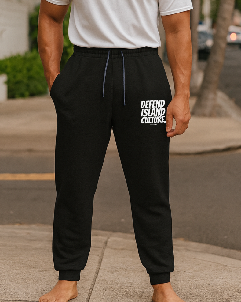 “Defend Island Culture” Embroidered Joggers – Lifestyle Streetwear Sweatpants by Hard Palms- Black