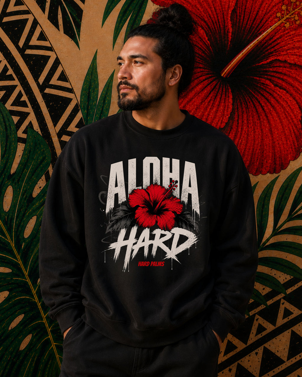 "Aloha Hard" Crewneck Sweater - Lifestyle Streetwear - Black