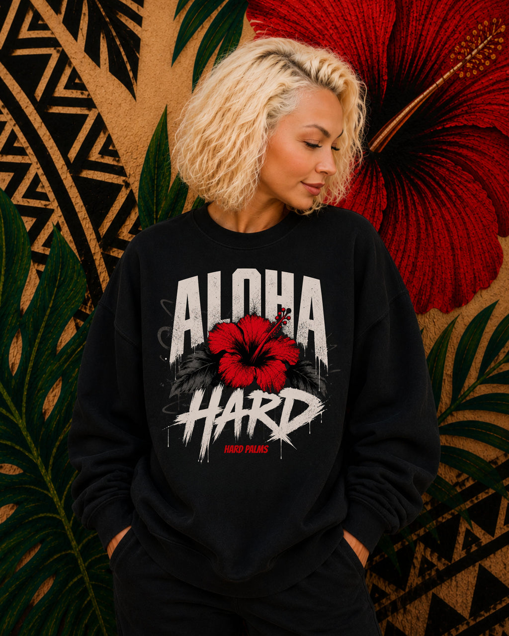 "Aloha Hard" Crewneck Sweater - Lifestyle Streetwear - Black