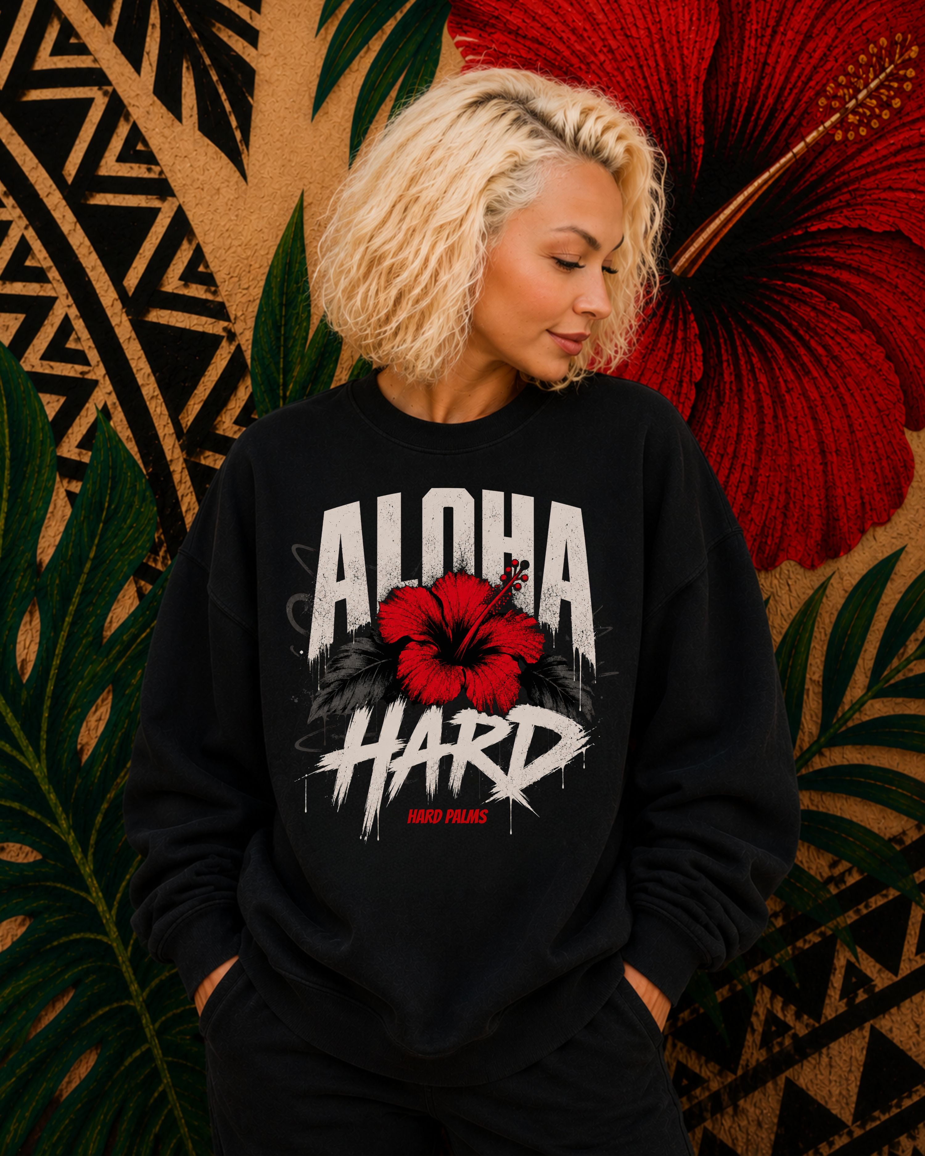 "Aloha Hard" Crewneck Sweater - Lifestyle Streetwear - Black