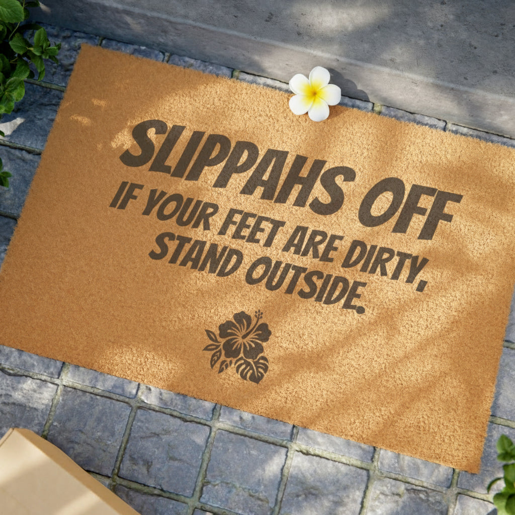 “Slippahs Off” Coconut Coir Door Mat – Entry Rug by Hard Palms, Lifestyle Home Decor