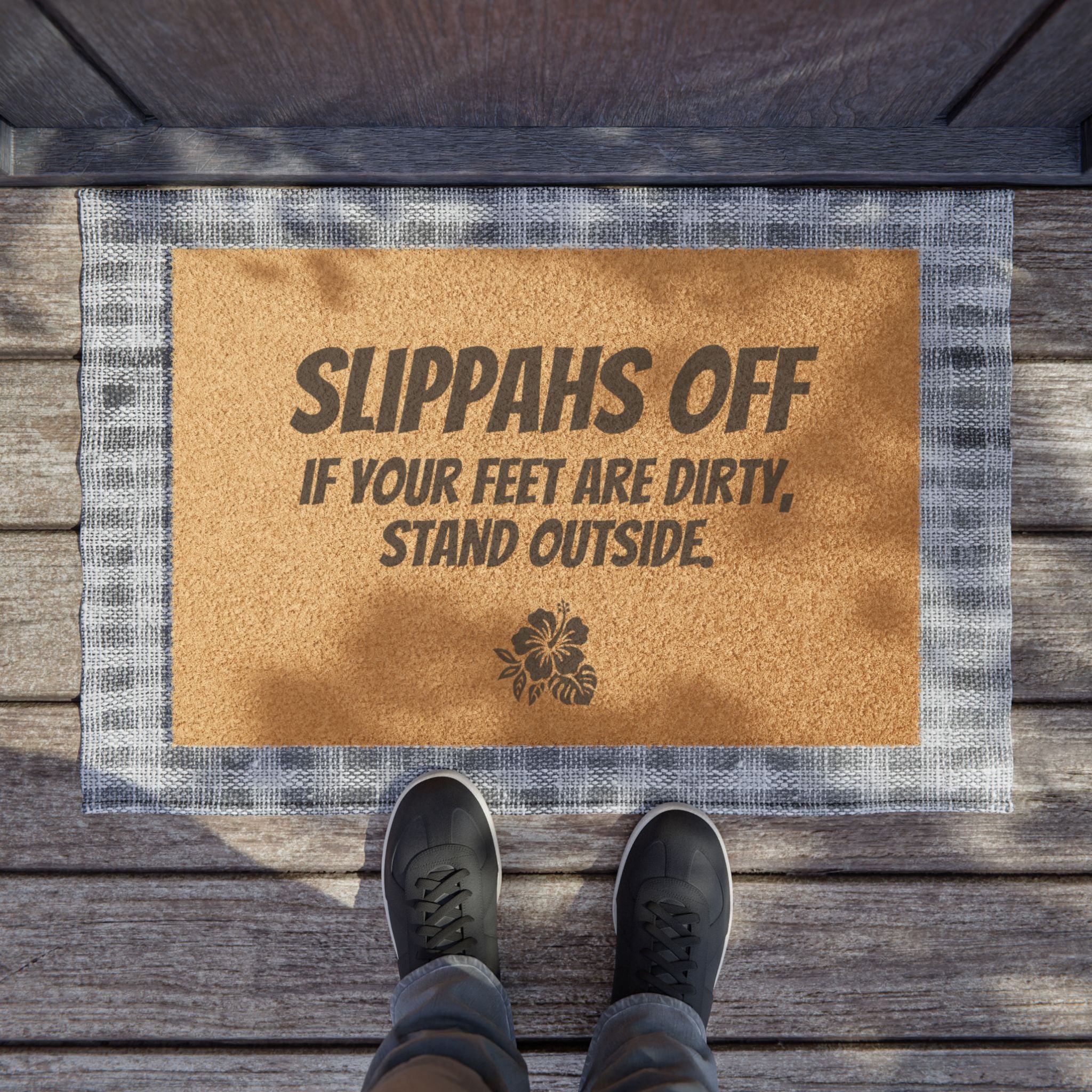 “Slippahs Off” Coconut Coir Door Mat – Entry Rug by Hard Palms, Lifestyle Home Decor